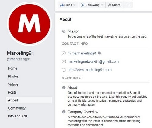 sections of Facebook business page - 1