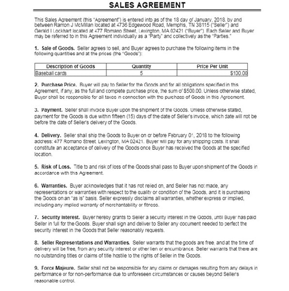 Sales Agreement Sample