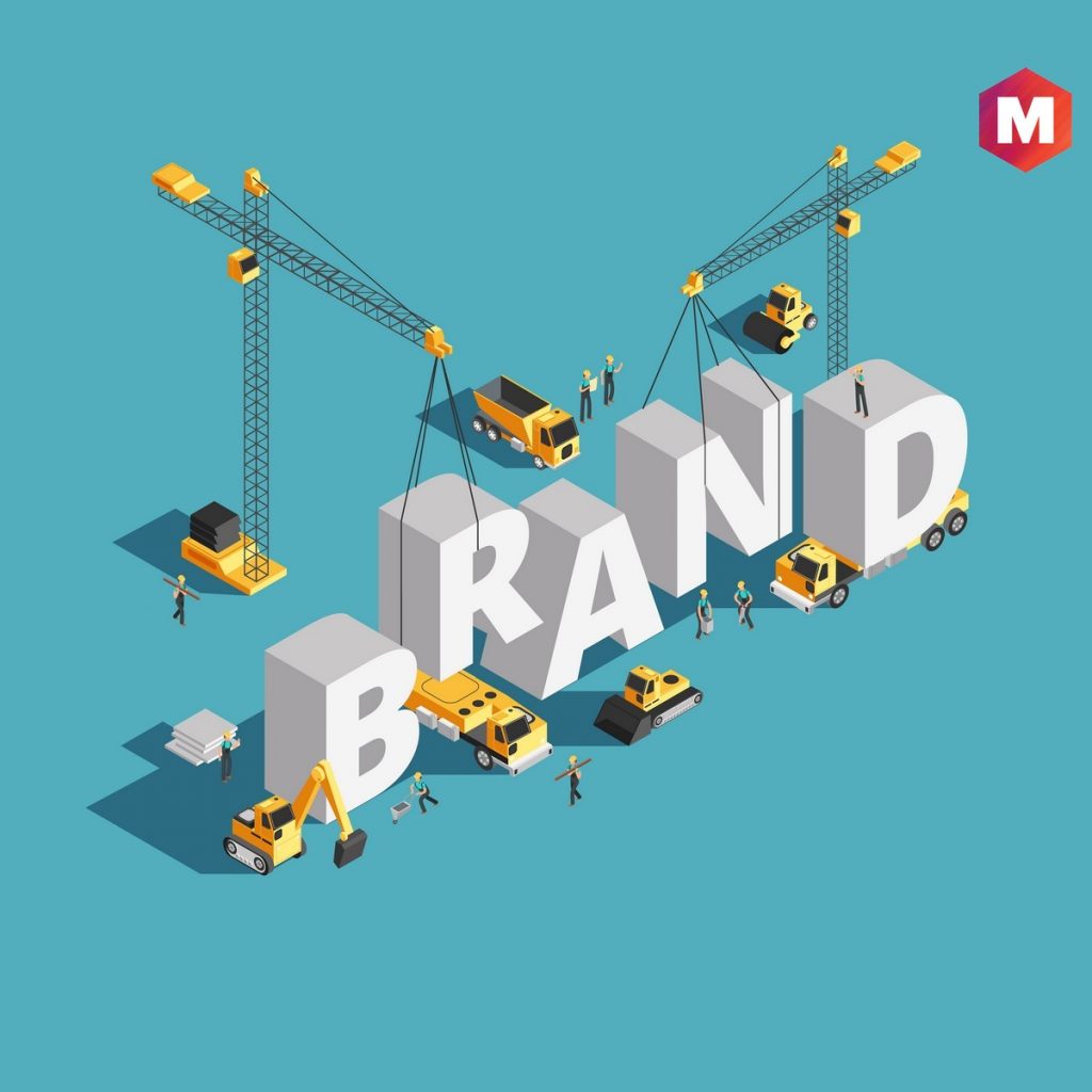 Brand building construction 3d isometric vector concept with construction machinery and workers