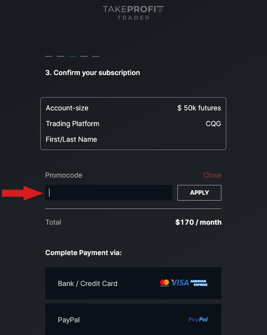 Take Profit Trader checkout with promo code MKT91 applied (up to 50% off)