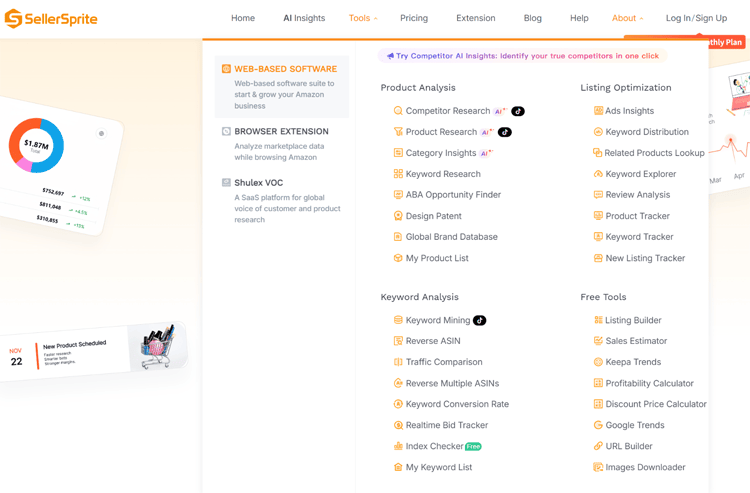 SellerSprite Amazon seller tool overview showing product research, keyword research, and competitor analysis features.