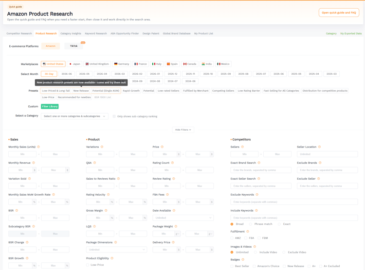 SellerSprite Product Research filters dashboard showing different filters to help sellers find the market opportunity.