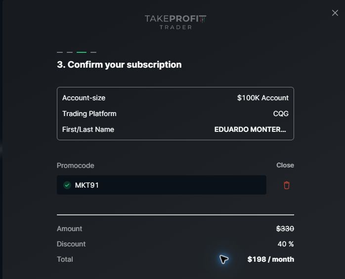 MKT91 coupon verified on Take Profit Trader Test100K CQG on September 28, 2026