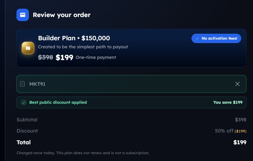 MKT91 accepted in My Funded Futures Builder 150K checkout, October 13, 2026