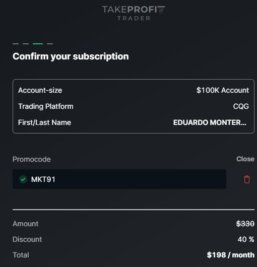 MKT91 coupon verified on Take Profit Trader Test100K CQG