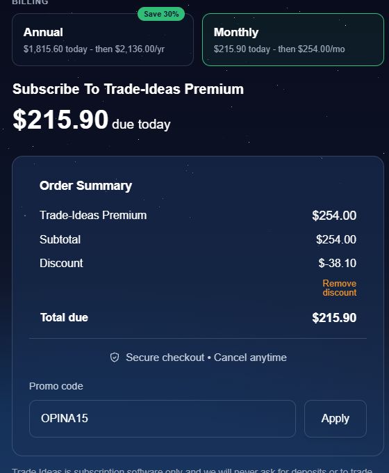 OPINA15 verified for Trade Ideas Premium monthly billing, October 13, 2026