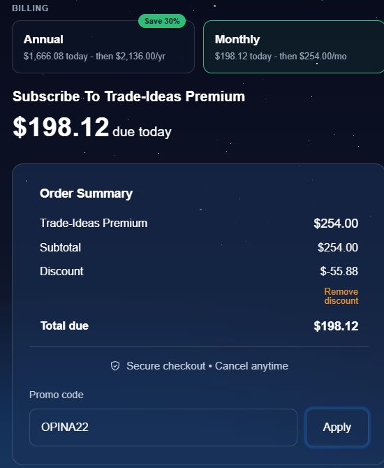OPINA22 coupon verified on Trade Ideas Premium monthly first payment