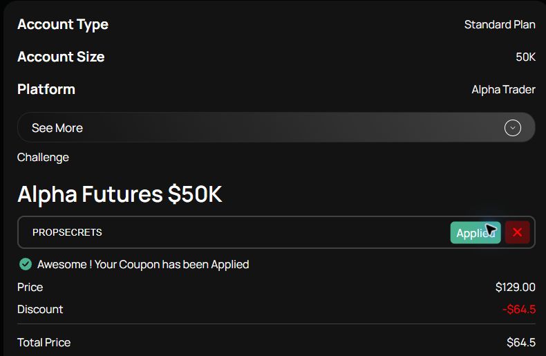 PROPSECRETS coupon verified on Alpha Futures Standard 50K
