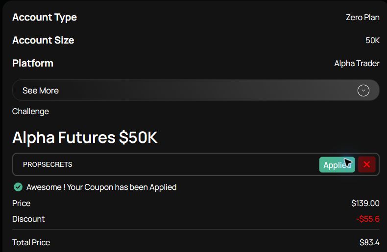 PROPSECRETS coupon verified on Alpha Futures Zero 50K
